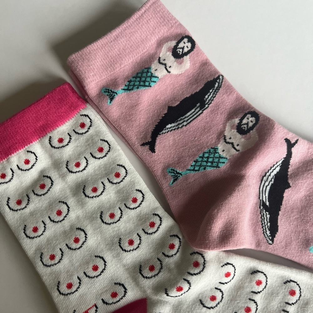 NWT Pack of 2 Pairs Funny Mermaid Boobs Print Pink Tube Socks Unisex